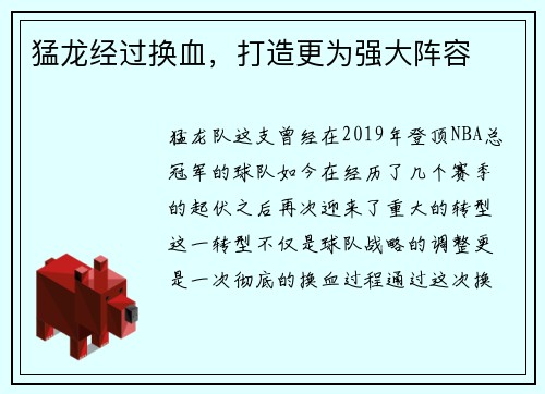 猛龙经过换血，打造更为强大阵容