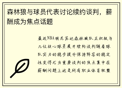 森林狼与球员代表讨论续约谈判，薪酬成为焦点话题