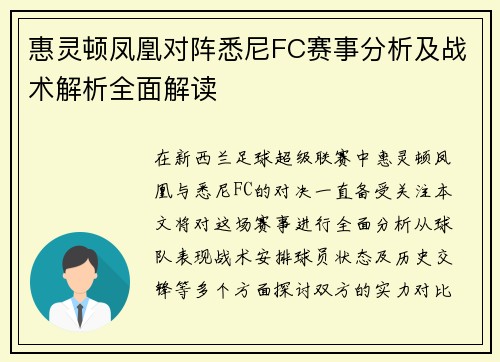 惠灵顿凤凰对阵悉尼FC赛事分析及战术解析全面解读